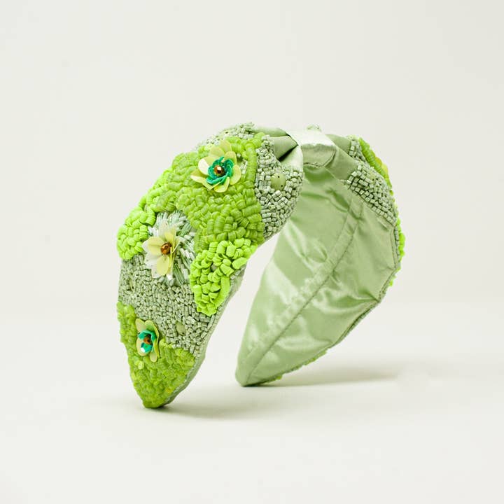 Chunky headband with embellished green flowers for wholesale on Faire3
