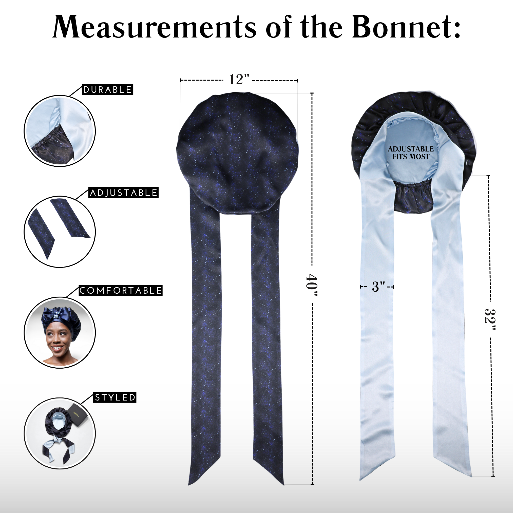 Nochka - Wholesale Slaapmuts - Dames - Midnight Print Omkeerbare Muts met Strikjes2