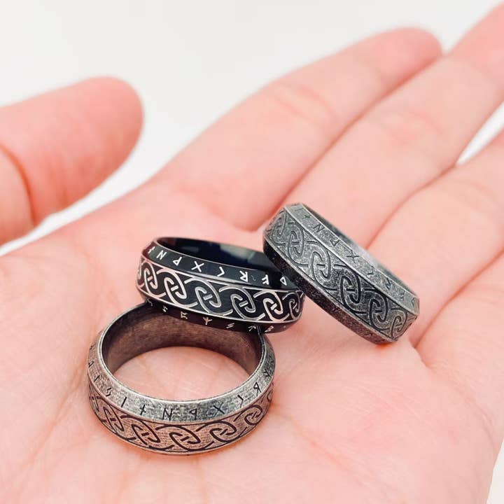 8MM Vintage Viking Rune Stainless Steel Ring - MJ/MR for wholesale by Mio Queena