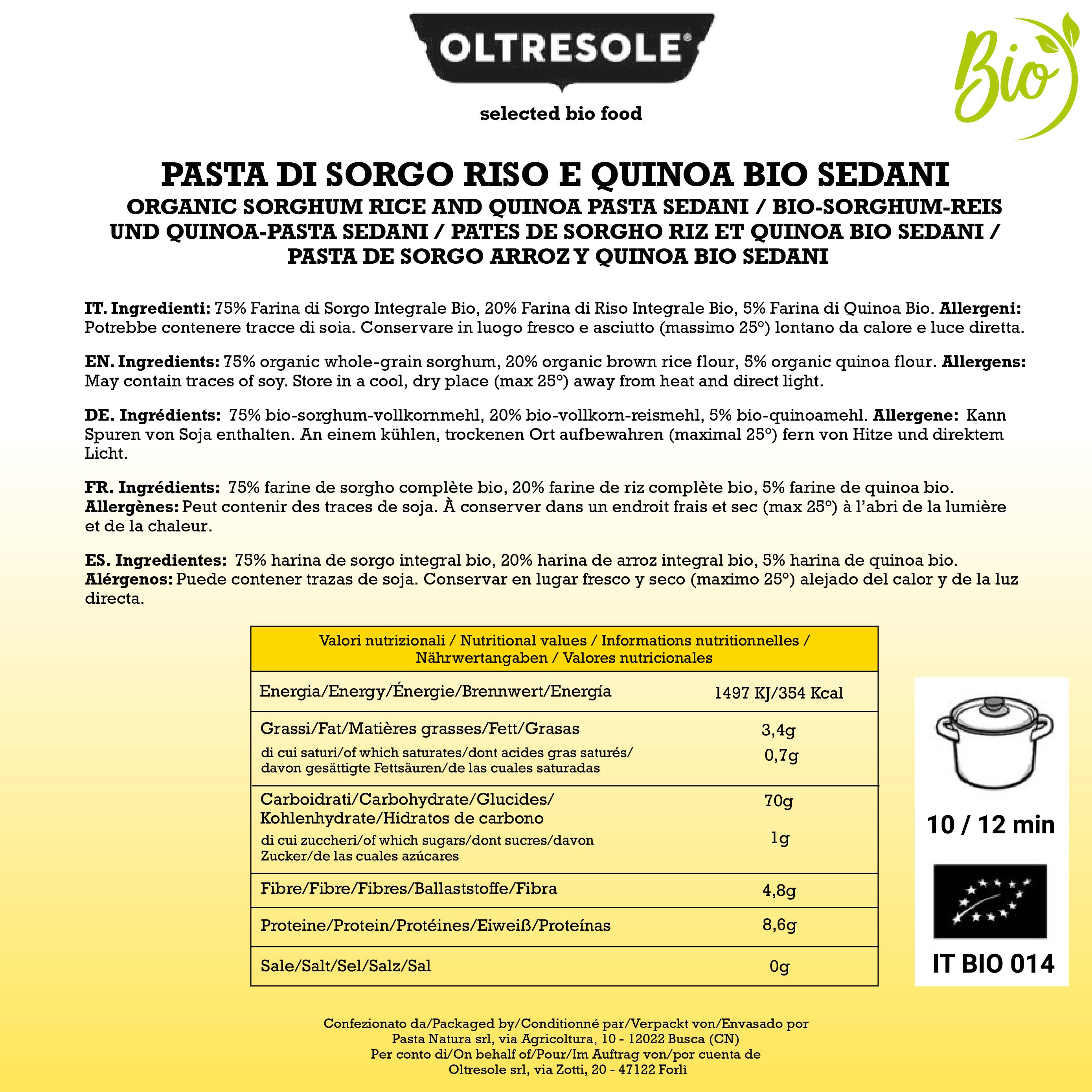Oltresole - Wholesale Pasta - ORGANIC SORGHUM RICE AND QUINOA PASTA SEDANI 350 g4