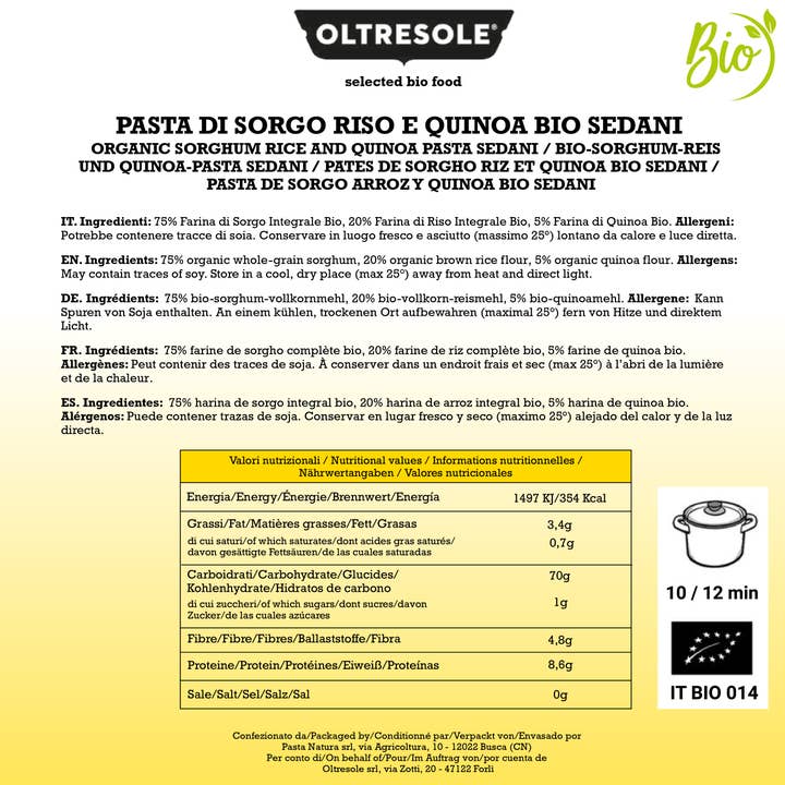Oltresole - Wholesale Pasta - Organic Sorghum Rice and Quinoa Pasta Sedani 350 G4