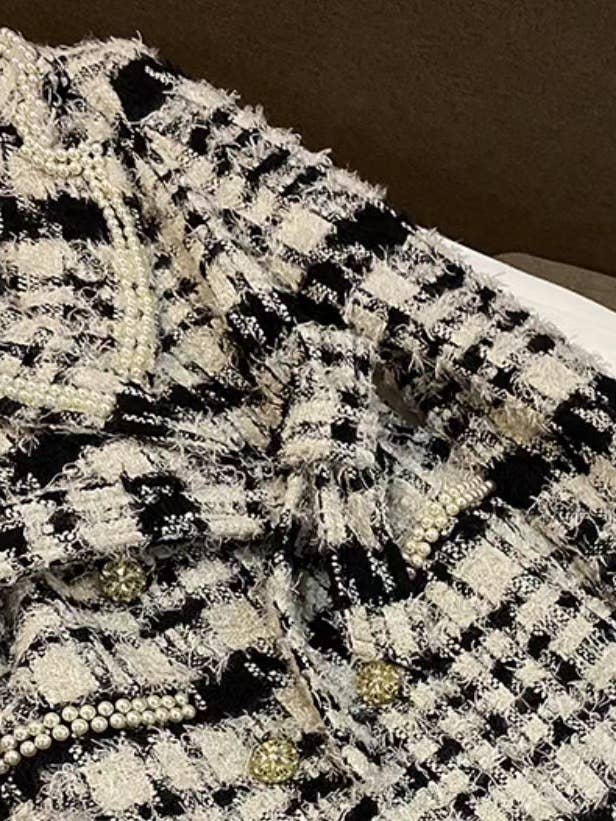 mehrfarbig SY374 Handgefertigter Perlengürtel Schwarz-Weiß karierter Wollmantel für den Großhandel auf Faire2