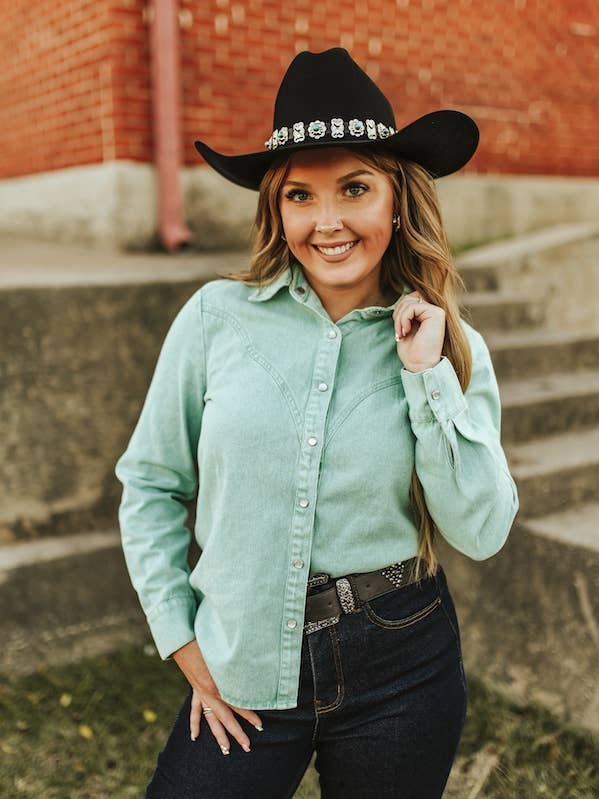 Plus Size Mint Mineral Wash Button Down Shirt for wholesale by LUCKY & BLESSED