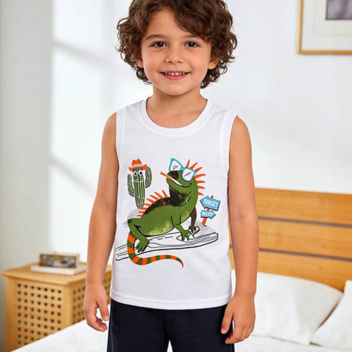 Cartoon Animal Print Cotton Boys' Tank Top and Shorts Set for wholesale by The Find Peaks