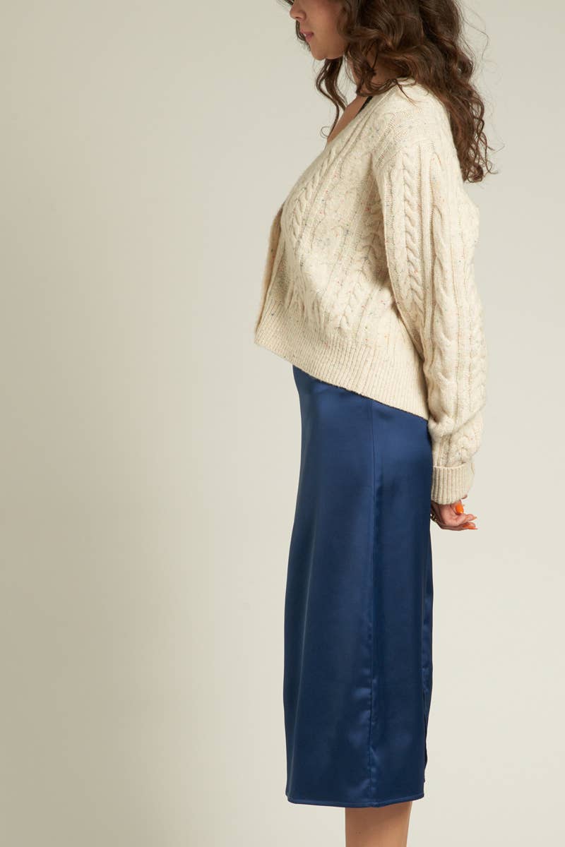 NAVY Satin Midi Skirt with Back Slit for wholesale on Faire4