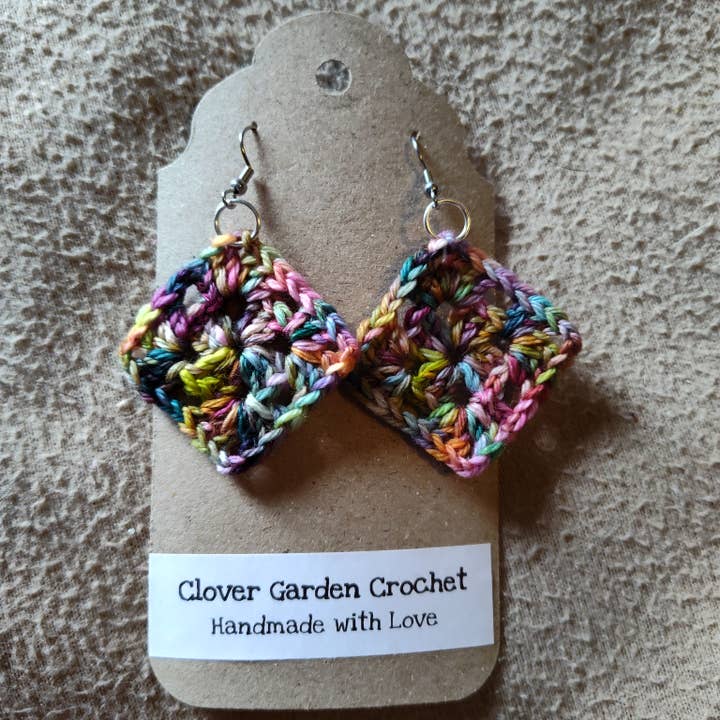Clover Garden Crafts - Wholesale Dangle Earrings - Crochet Merino Wool Rainbow Boho Granny Square Drop Earrings3