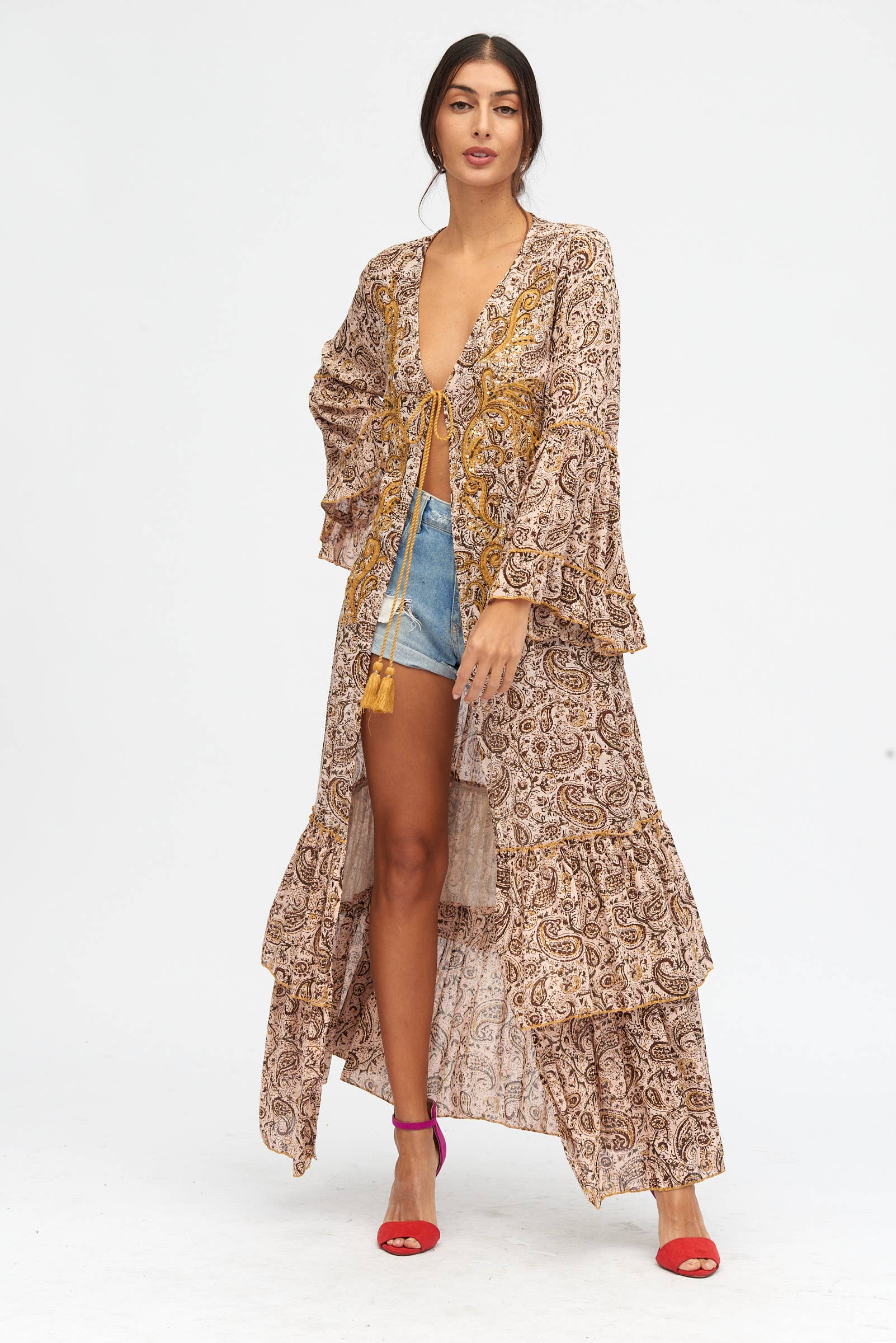  PETROL BLUE BEIGE PINK  HAND-EMBROIDERED PAISLEY PRINT KIMONO for wholesale on Faire0