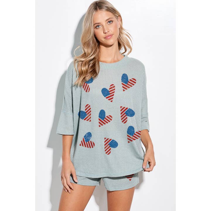 conjunto de pantalones cortos tipo gofre con estampado de la bandera americana en forma de corazón para venta al por mayor de Phil Love