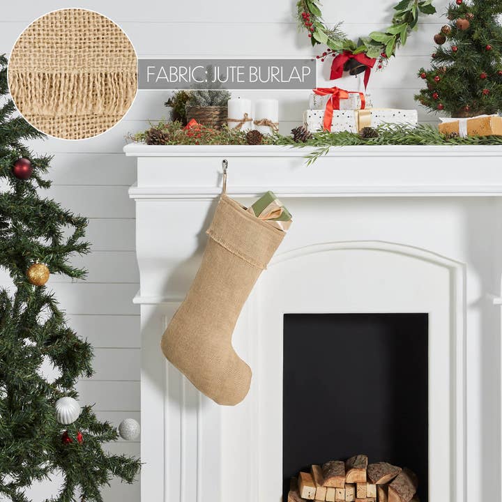 VHC Brands - Wholesale Holiday Stocking - Greetings Jute Burlap Tan Stocking 12x20