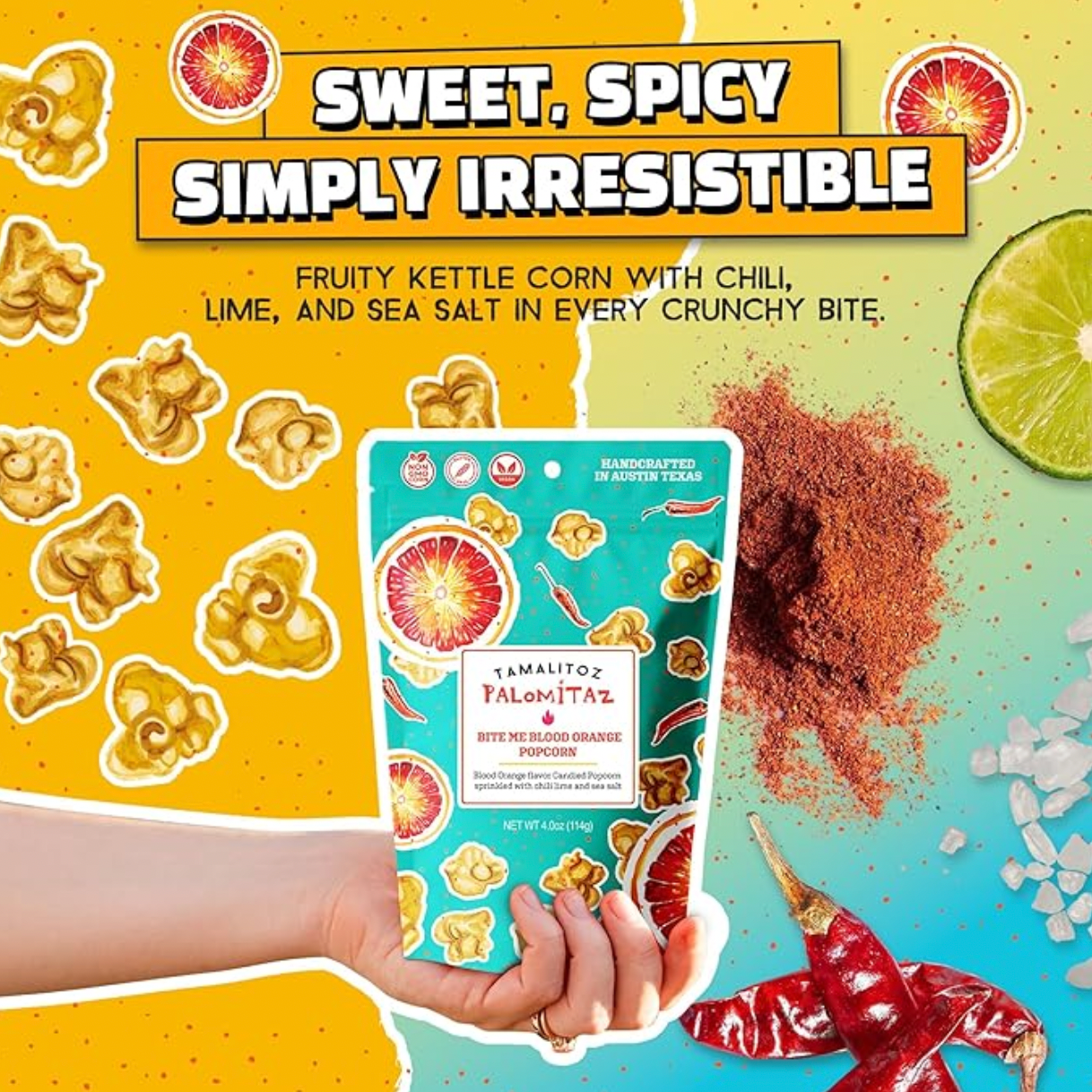 Sugarox Candy Studio LLC - Wholesale Popcorn - Tamalitoz Bite me Blood Orange  Palomitaz Popcorn 12CT1