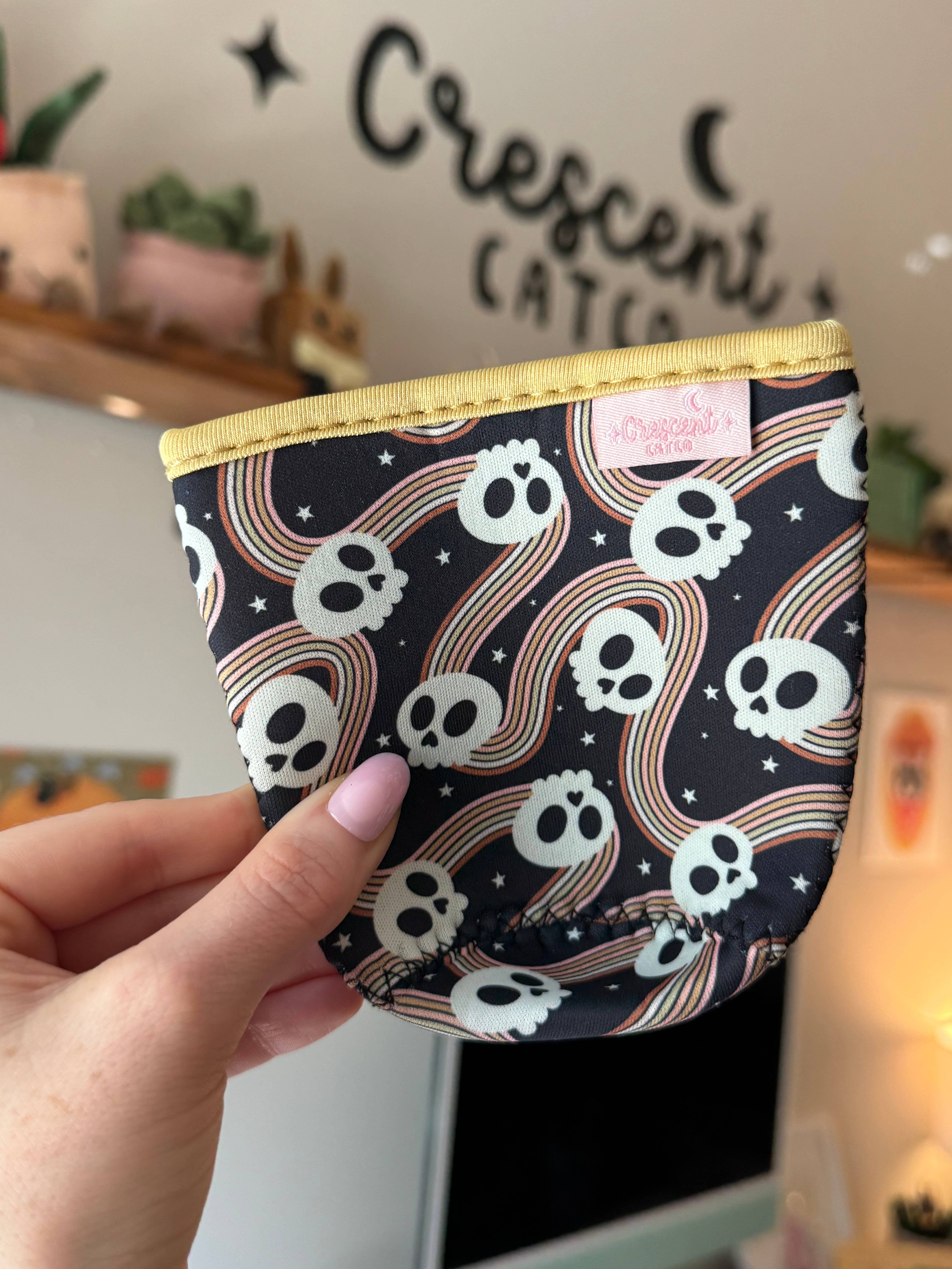 CrescentCatCo - Wholesale Drink Huggers & Koozies - Spooky Cute Skulls Halloween Iced Coffee Drink Sleeve2