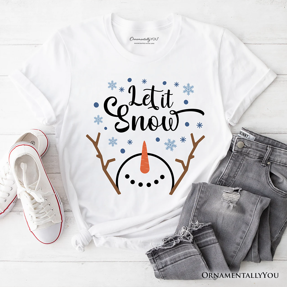 White Let It Snow Snowman T‑Shirt, Snowflakes Minimalist Tee for wholesale on Faire0