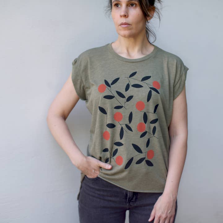 Blackbird Supply Co. - Wholesale Screen Printed T-Shirt - Women's - Citrus Season Oranges Print Women's Rolled Cuff Muscle Tee
