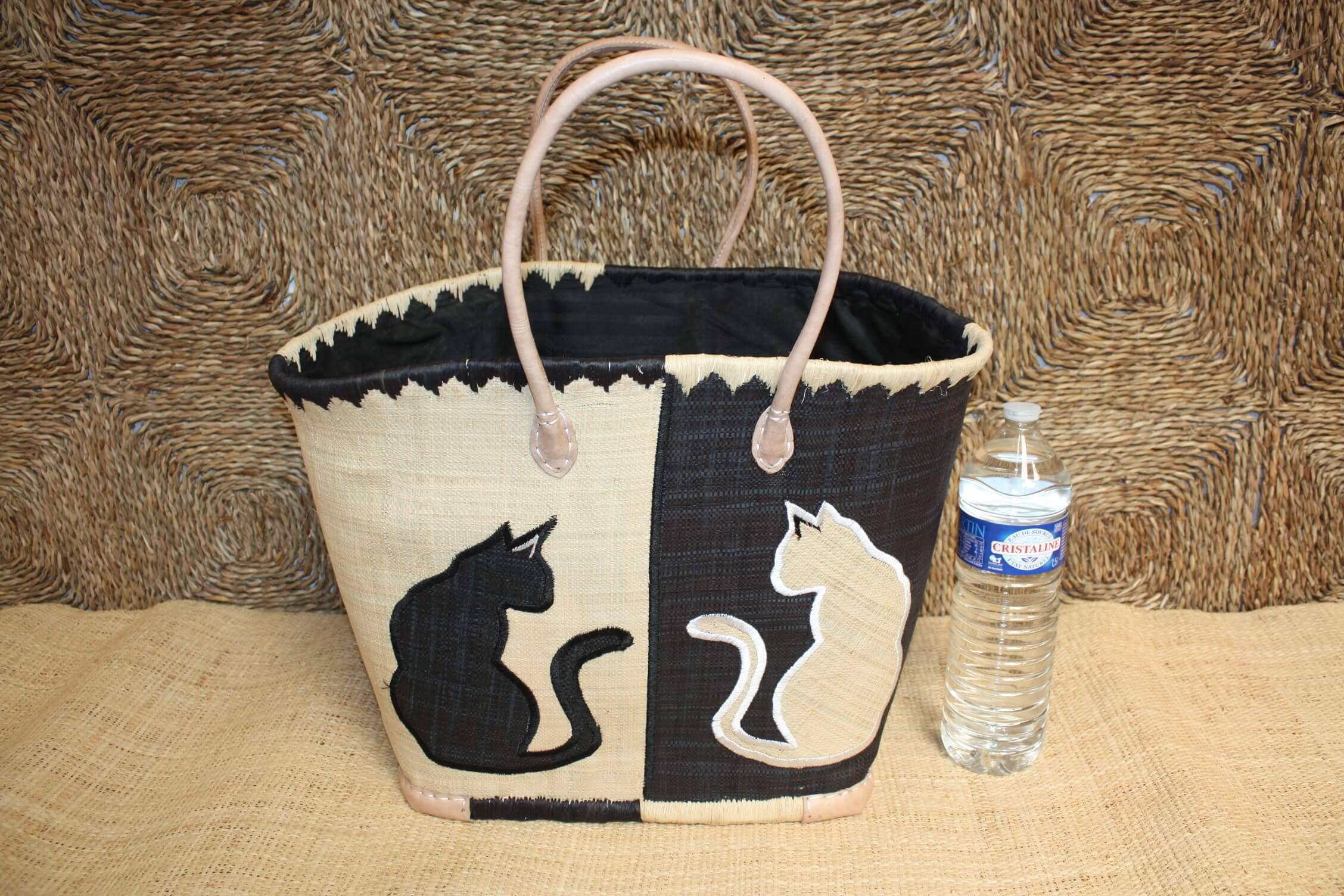 Boutique Huléti - Wholesale Beach Bag - BLACK basket embroidered with CAT design - Long Handle Bag - Market, shopping, beach tote - 3 SIZES -1