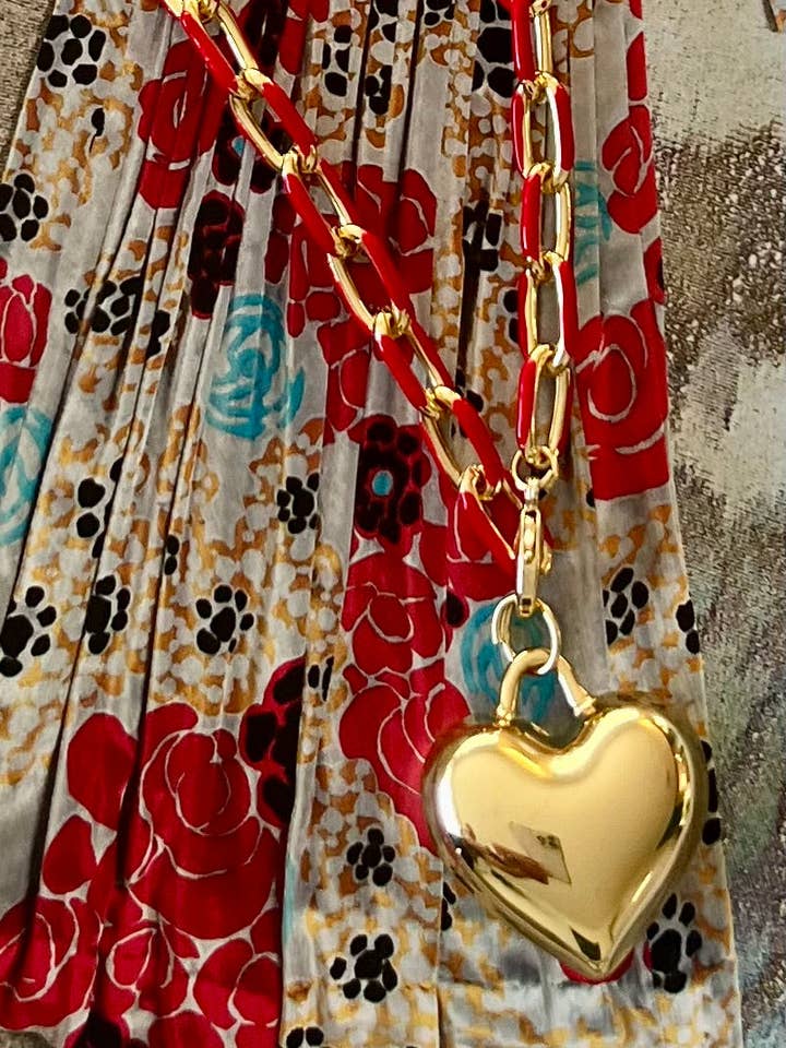Red Enamel Chain Necklace with Gold Puffy Heart for wholesale by Grace Designs