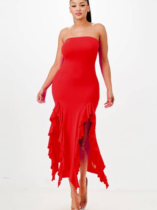 A2701-DTY Bodycon Ruffle Hem Tube Midi Dress for wholesale by April Moon