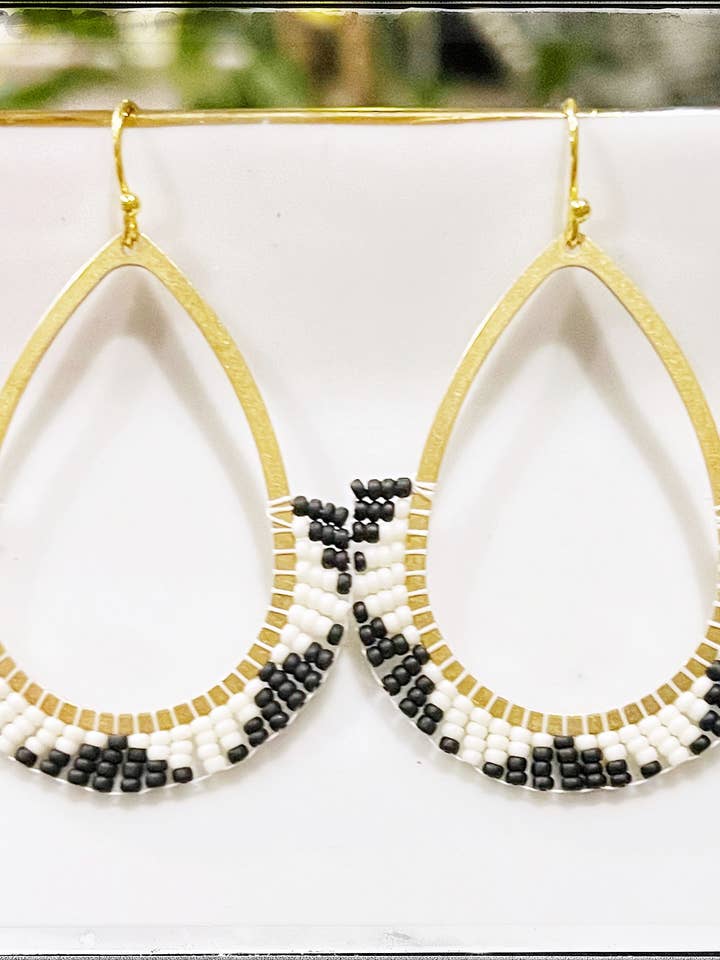 Glass Seed Bead Brass Earrings Hoop Circle Aztec Print Black for wholesale by GentrybyJenna