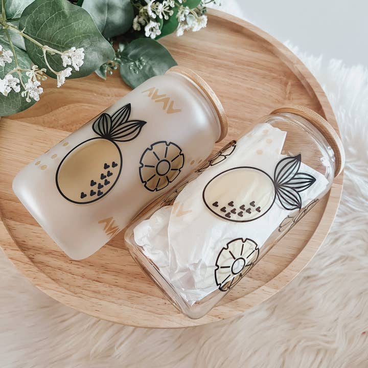 Emma K Designs - Wholesale Drinking Glass/Cup - Pineapple 16oz Glass Cup with Bamboo Lid2