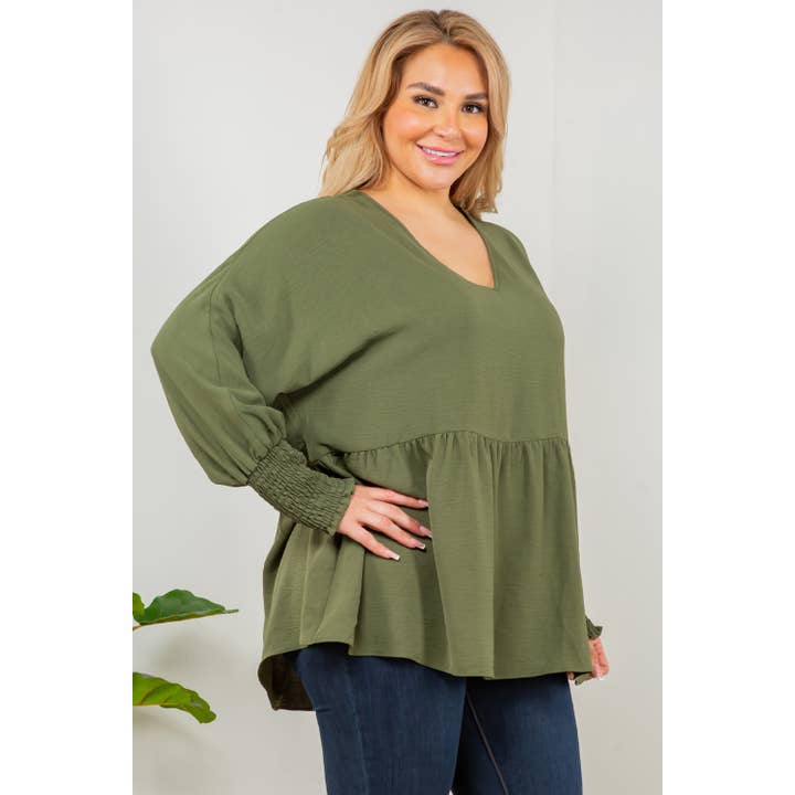 Curve Market - Vendita all'ingrosso Tunica - Donna - TOP A MANICHE LUNGHE BABYDOLL PLUS SIZE CON SCOLLO A V6