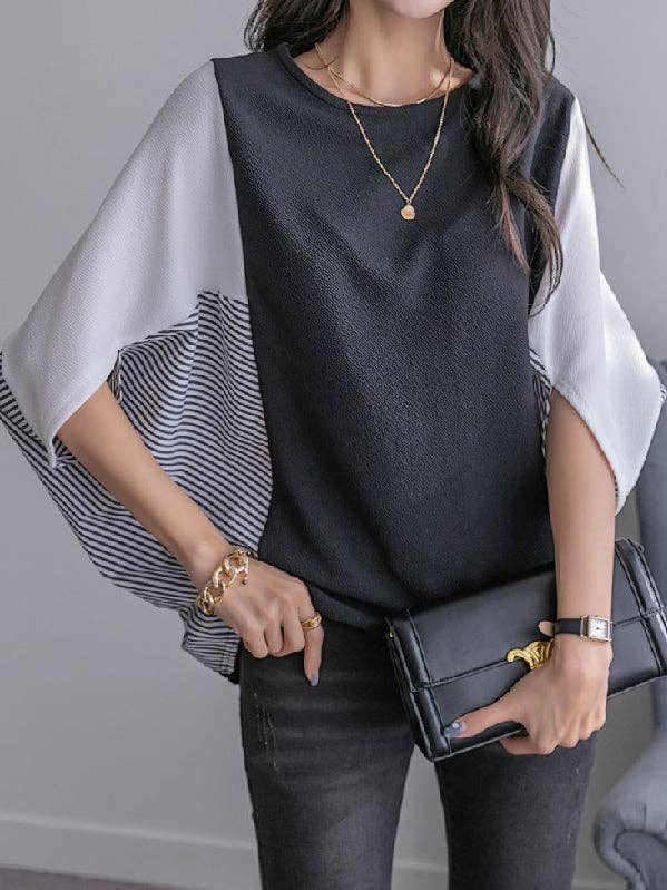 Batwing Sleeves Loose Contrast Color Split-Joint Round-Neck T-Shirts Tops for wholesale by StyleGalX