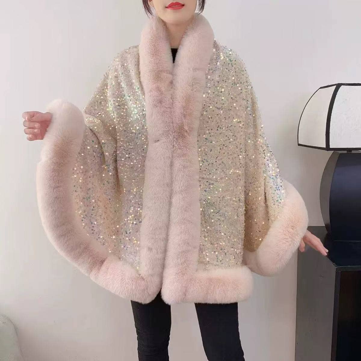PEACH ACCESSORIES - Wholesale Cape - Women's - Elegant Sequin Cape Wrap with Plush Faux Fur PE4001