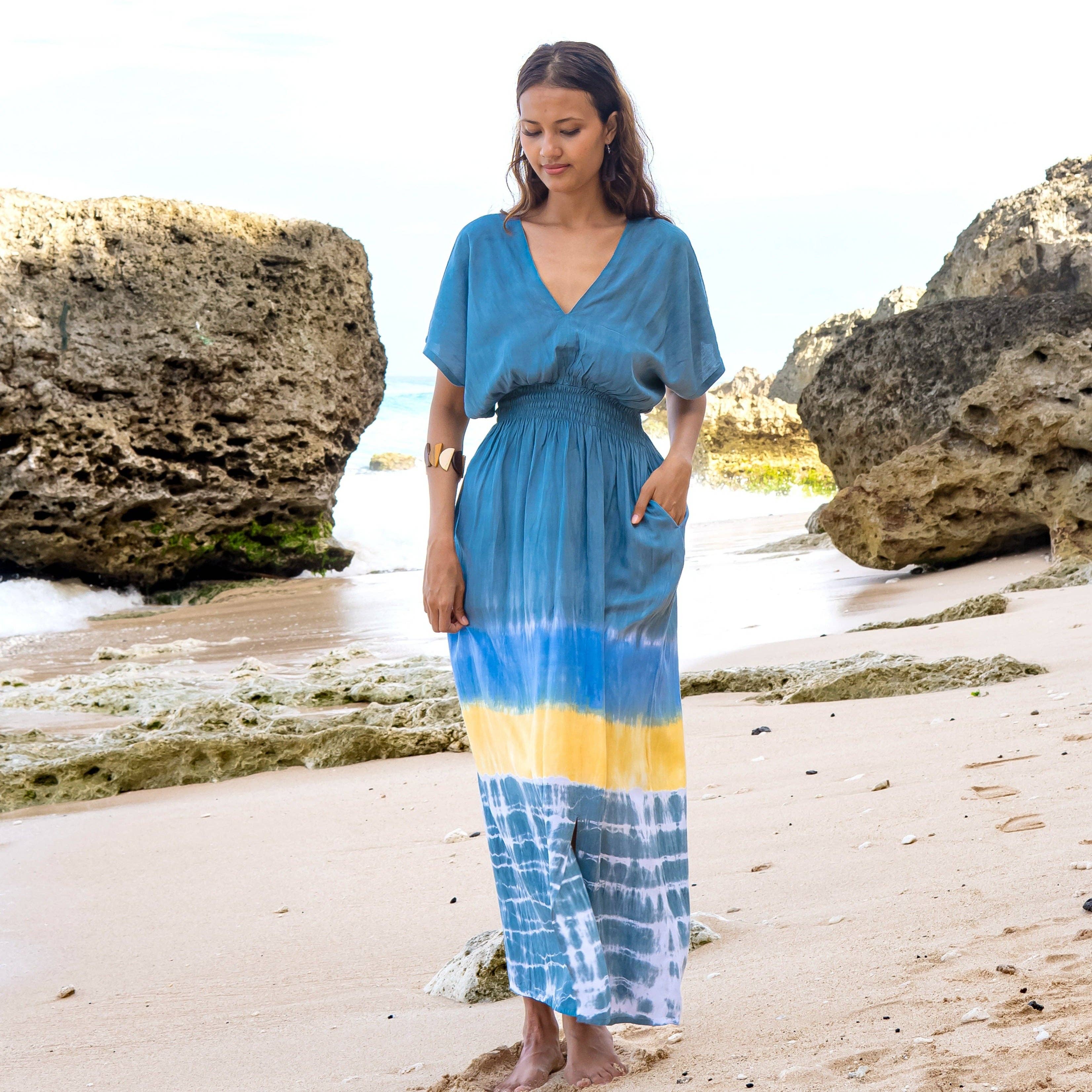 Suzie Blue Canada - Wholesale Dress - Women's - Beach Stripe & Tie Dye Maxi Dress In Grey1