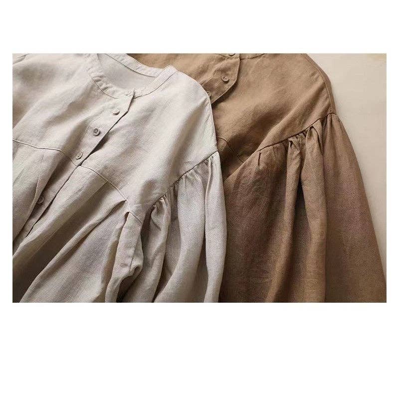 FurDecoration - Wholesale Blouse - Women's - Casual Loose Ramie Cotton Blouse with Solid Color and Long Sleeves3