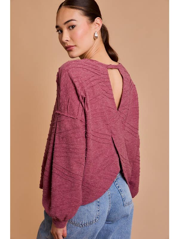 Wine LONG SLEEVE BACK OVERLAP TOP for wholesale on Faire
