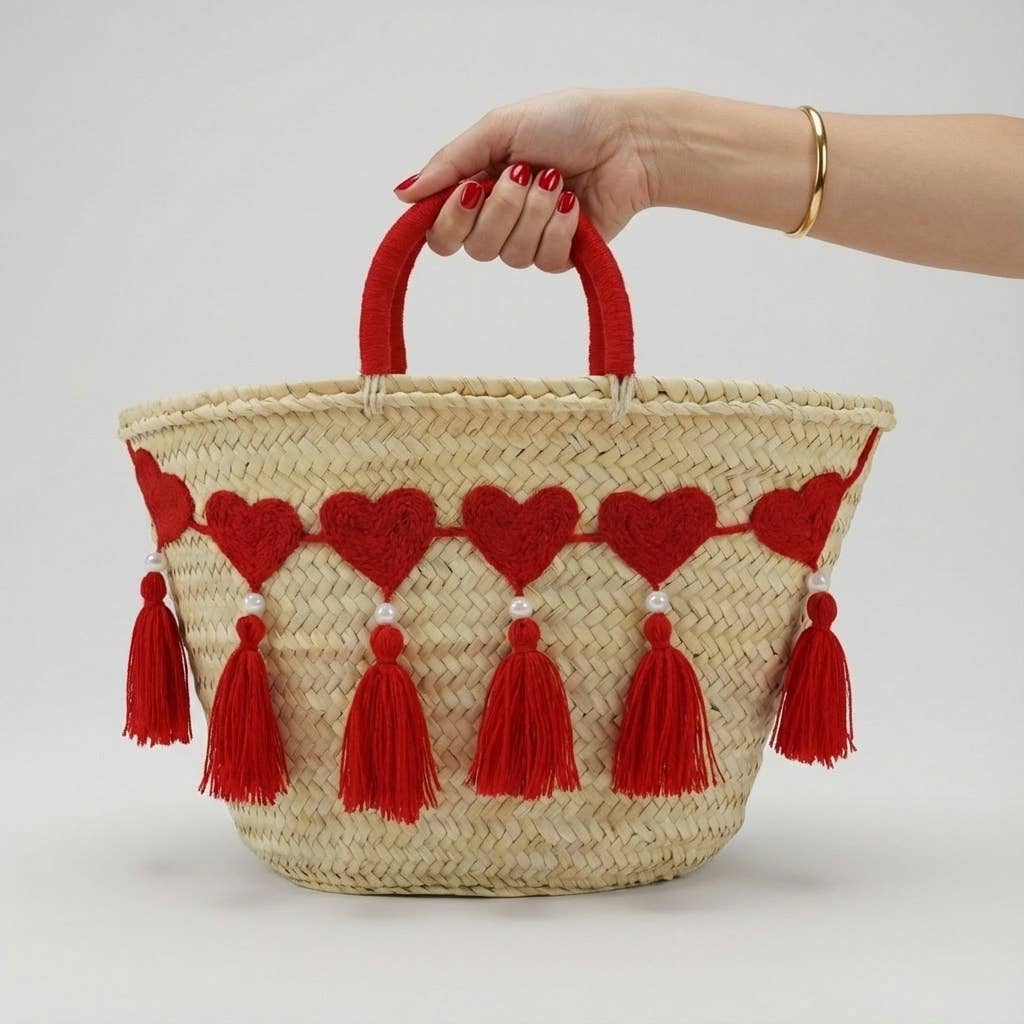 Melecraft – Cesta por atacado – Saco de Palha em Forma de Coração - Cesto Boho de Praia com Pompom Vermelho1