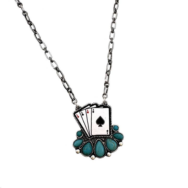 Lunar Deer - Wholesale Pendant/Charm Necklace - Poker Ace of Hearts Print with Turquoise Necklace