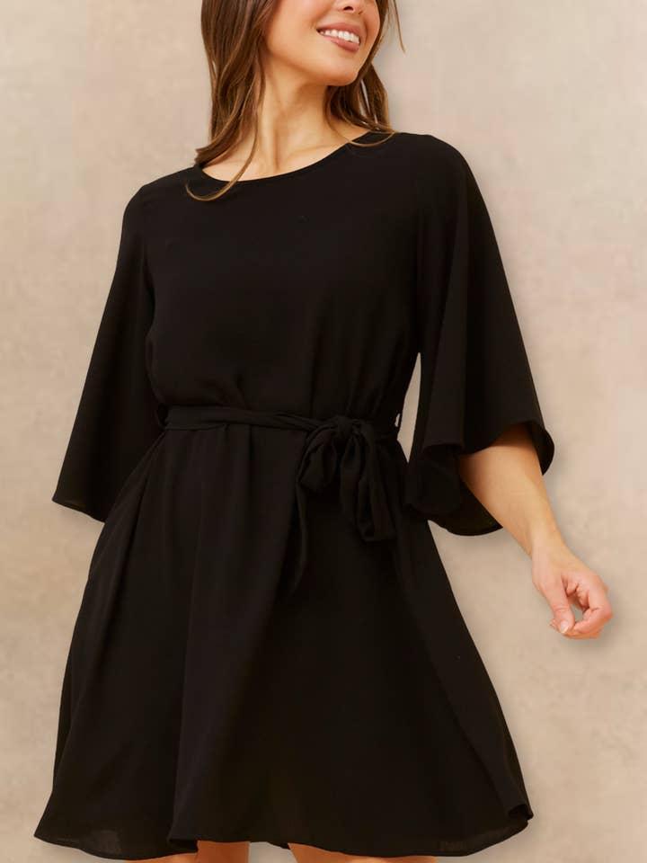 Jennifer Women's Flared Sleeve Belted Dress Solid Color for wholesale by ANNICK