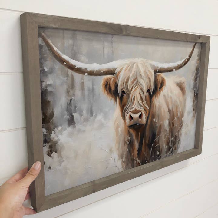 Hangout Home - Wholesale Art Print - Winter Highland Cow Large Horns - Winter Cow Canvas Art 1