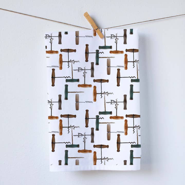 Vintage Wine Openers Tea Towel for wholesale by Red Bird’s House