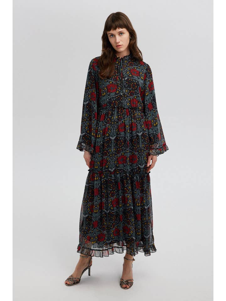 Black FLORAL PATTERNED CHIFFON DRESS for wholesale on Faire