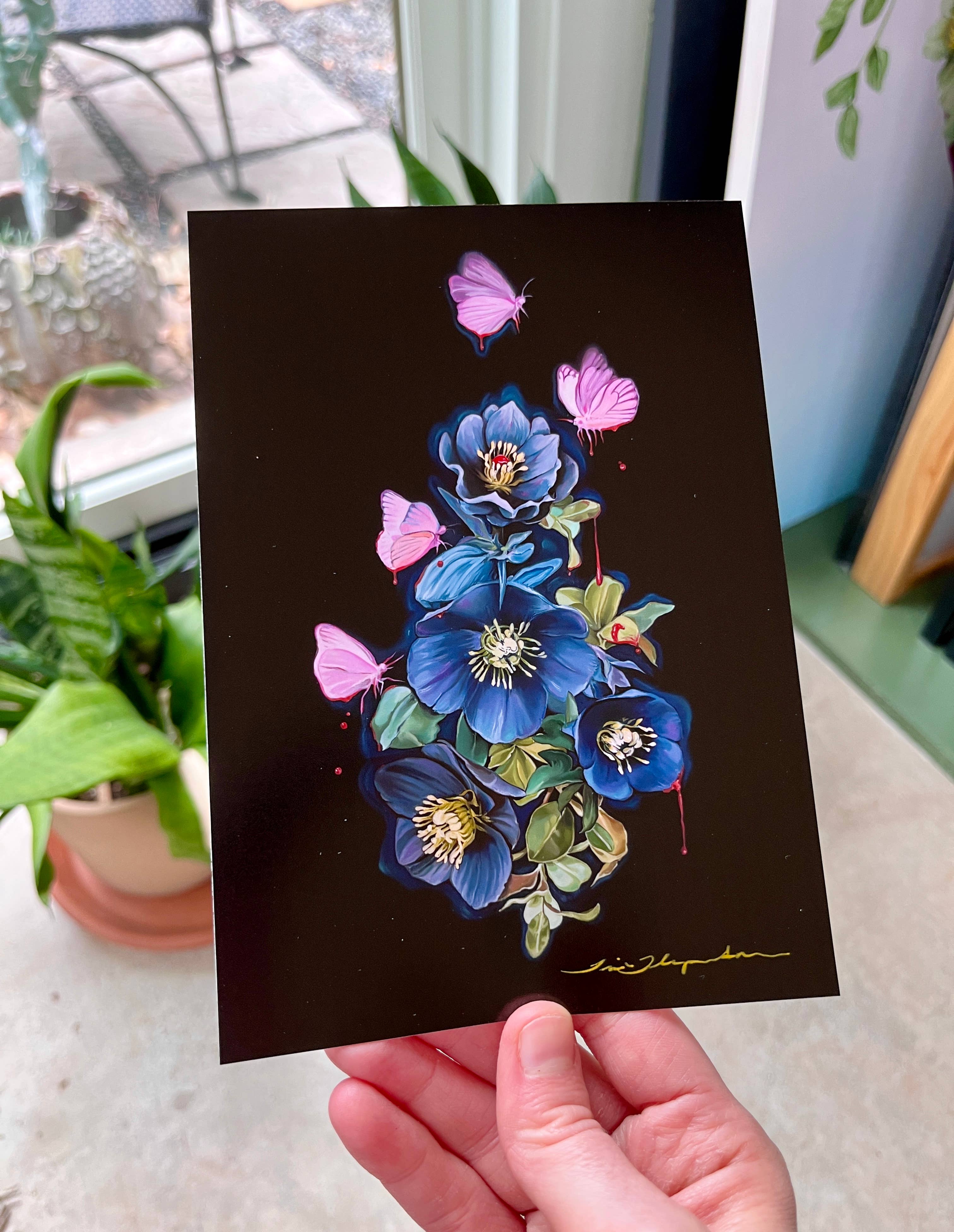 Trisha Thompson Adams - Wholesale Art Print - Blooderflies and Hellebores Dark Garden Botanical Art Print0