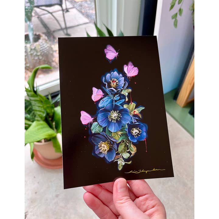 Trisha Thompson Adams - Wholesale Art Print - Blooderflies and Hellebores Dark Garden Botanical Art Print