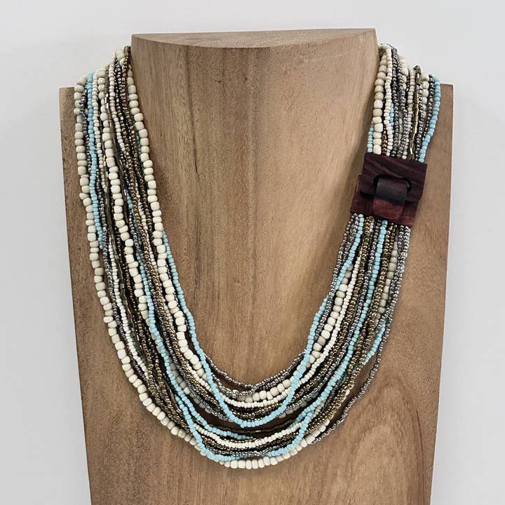 Bali Glass Beads Drizzle Stmt Necklace w/ Mini Wood Buckle for wholesale by Pink House Imports