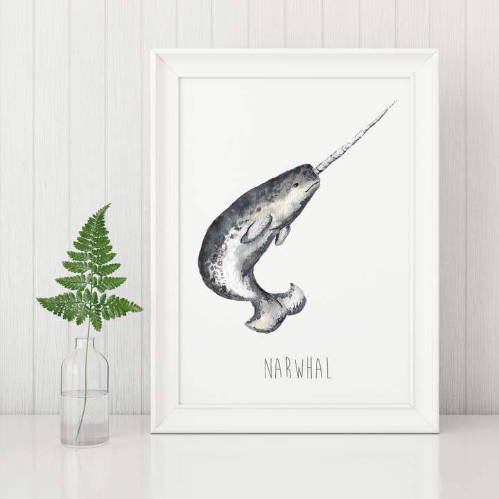 Watercolour Narwhal Wall Print for wholesale by Katie Hipwell Design