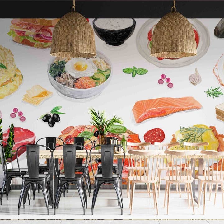 Jess Art Decoration - Wholesale Wallpaper - 3D Salmon Pizza Cake Egg Noodle Wall Mural Wallpaper YXL 11013