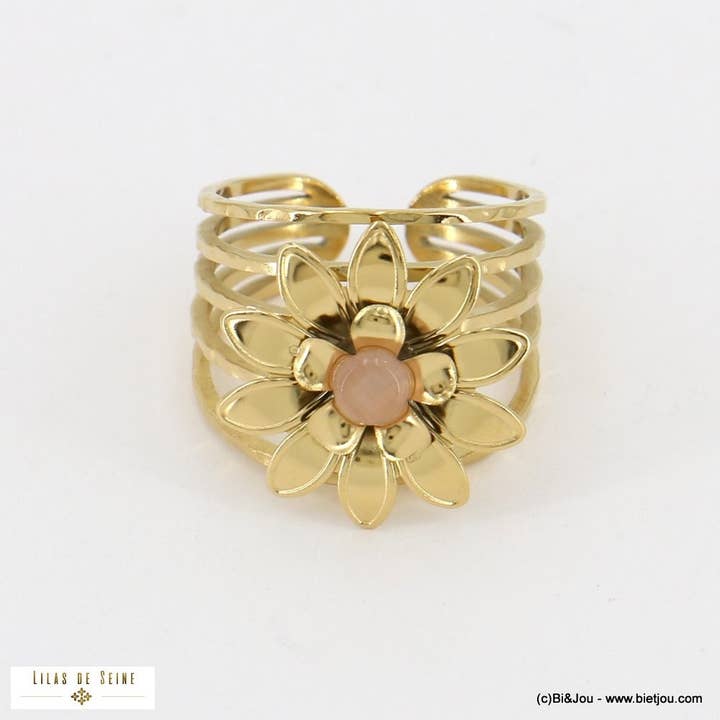 Lilas de Seine – Großhandel Cocktail-/Statement-Ring – Großer verstellbarer Edelstahlring mit Blumenmotiv und Steinkugel 04230162