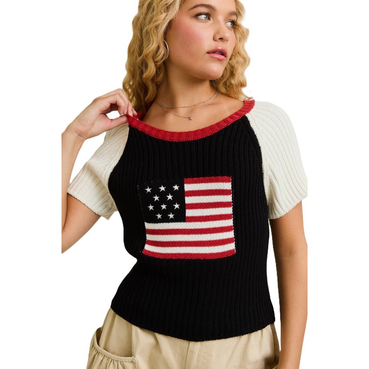 SORT-HVID USA-flag Raglan kortærmet crewneck ribstrikket sweater-top for engroshandel på Faire3