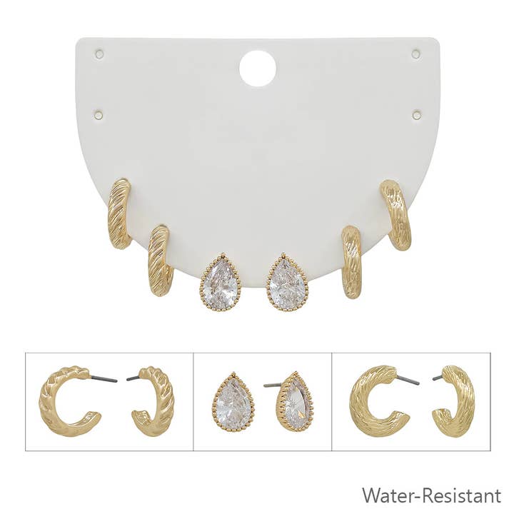 Set of 3 Gold Crystal Teardrop, and Textured Huggie Hoops for wholesale by What's Hot