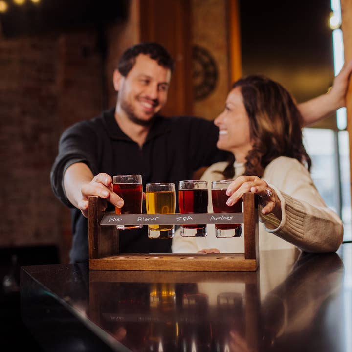 Acacia Wood Craft Beer Flight - Beverage Sampler Glass Gift Set for wholesale on Faire0