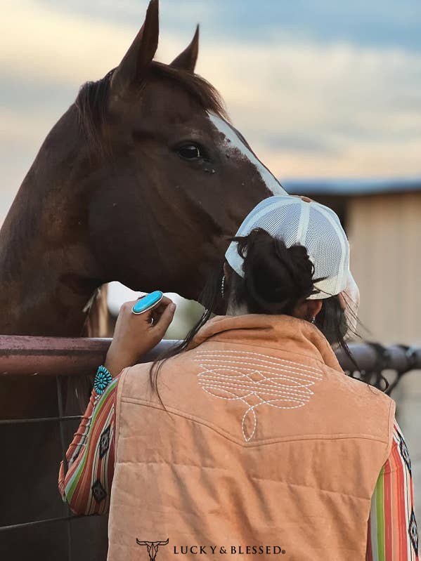 LUCKY & BLESSED - Wholesale Outerwear Vest - Women's - Camel Puffer W Aztec Lining Boot Stitch Detail Vest1