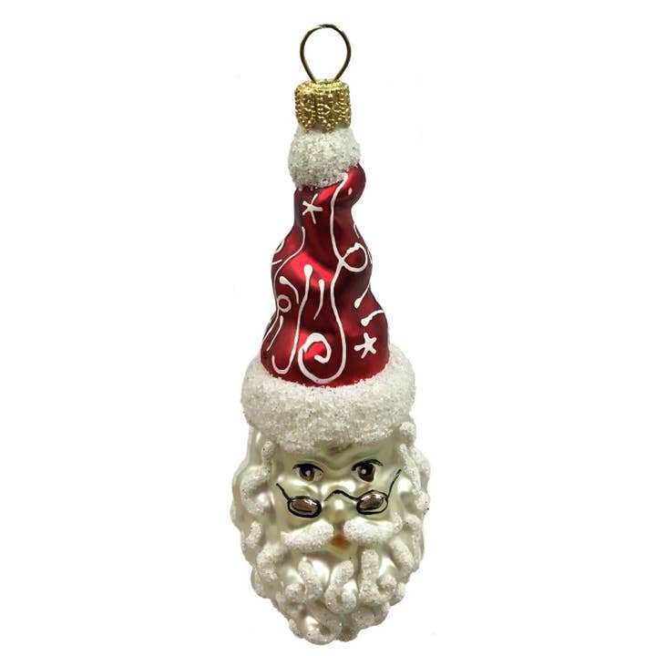 Santa Claus Face Glasses Polish Glass Christmas Ornament for wholesale by Pinnacle Peak Trading