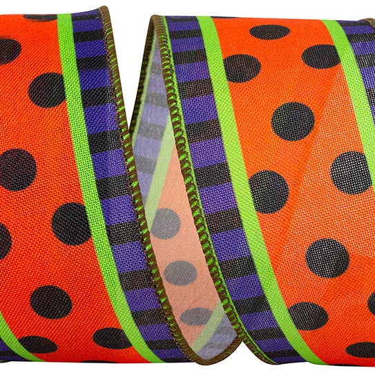 Halloween Festive Dot Ticking Linen Wired Edge, 2-1/2 In for wholesale by RELIANT RIBBON