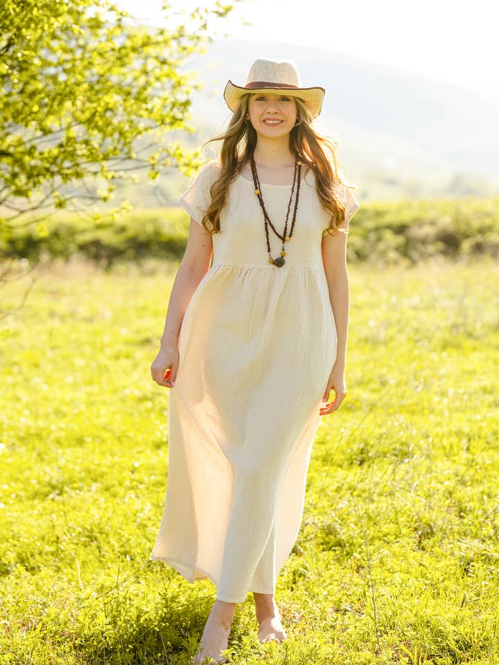 Moa - Wholesale Dress - Women's - Double Gauze Cotton Beige Midi Dress 2