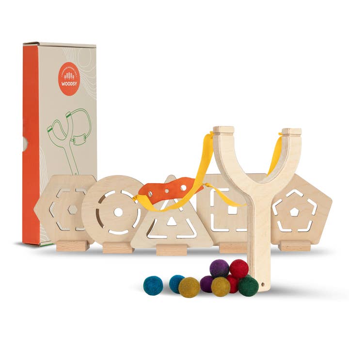 WOODSY - Venta al por mayor Juguete de madera - Niños - Tirachinas con 10 bolas de fieltro y 5 figuras