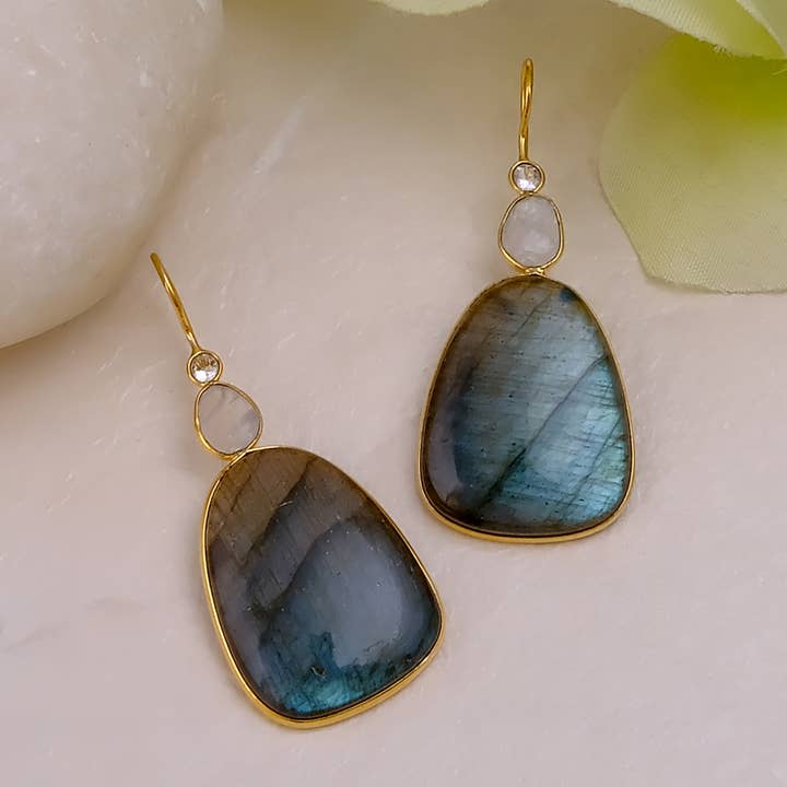 Labradorite & Moonstone Dual Gemstone Hoop Statement Earring for wholesale by El Joyero