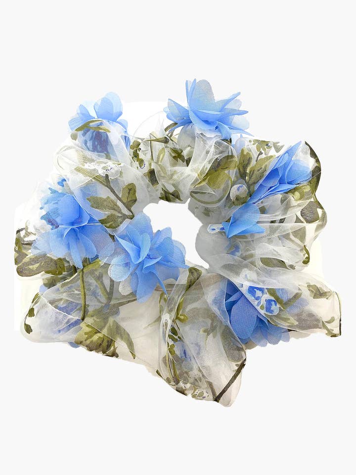 3D Blue Floral Organza Ultra Scrunchie for wholesale by NARCES